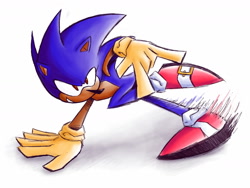 Size: 1280x960 | Tagged: safe, artist:skeletonpendeja, sonic the hedgehog, sonic superstars, classic sonic, devil horns (gesture), eyelashes, hand on ground, looking offscreen, male, simple background, skidding, smile, solo, white background, yellow gloves
