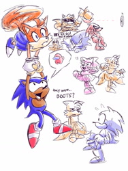 Size: 960x1280 | Tagged: safe, artist:skeletonpendeja, amy rose, knuckles the echidna, miles "tails" prower, sonic the hedgehog, sonic superstars, among us, blue shoes, carrying them, classic amy, classic knuckles, classic sonic, classic tails, dialogue, english text, eyelashes, female, flying, frown, group, male, sitting, skirt, smile, speech bubble, spinning tails, standing, sweatdrop, trans female, transgender, yellow gloves