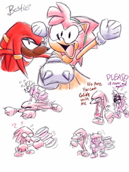 Size: 960x1280 | Tagged: safe, artist:skeletonpendeja, amy rose, knuckles the echidna, sonic superstars, classic amy, classic knuckles, dialogue, duo, english text, holding something, mouth open, one fang, piko piko hammer, simple background, skirt, smile, white background