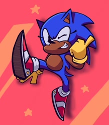 Size: 960x1106 | Tagged: safe, artist:skeletonpendeja, sonic the hedgehog, abstract background, classic sonic, eyelashes, leg up, looking at viewer, male, shadow (lighting), solo, star (symbol), thumbs up, wink, yellow gloves