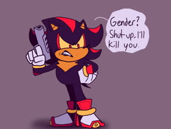 Size: 1280x960 | Tagged: safe, artist:skeletonpendeja, shadow the hedgehog, clenched teeth, english text, gun, hand on hip, holding something, looking offscreen, nonbinary, purple background, simple background, solo, speech bubble, standing, yellow sclera