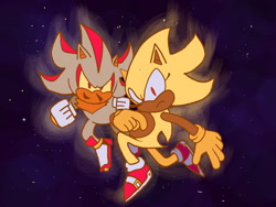 Size: 1280x960 | Tagged: safe, artist:skeletonpendeja, shadow the hedgehog, sonic the hedgehog, super shadow, super sonic, abstract background, clenched fists, duo, eyelashes, flying, frown, looking at viewer, male, nonbinary, smile, star (sky), super form, yellow gloves, yellow sclera