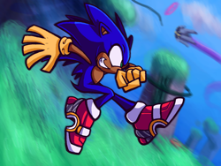 Size: 1280x960 | Tagged: safe, artist:skeletonpendeja, sonic the hedgehog, abstract background, clenched teeth, clouds, eyelashes, looking ahead, male, smile, soap shoes, solo, yellow gloves