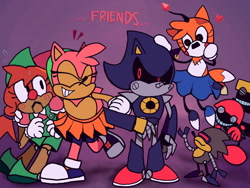 Size: 1280x960 | Tagged: safe, artist:skeletonpendeja, amy rose, belle the tinkerer, cubot, metal sonic, orbot, silver sonic, tails doll, alternate outfit, arm around shoulders, black sclera, english text, group, heart, heart chest, linking arms, looking at them, natural alt, natural amy rose, purple background, robot, shadow (lighting), simple background, smile, standing