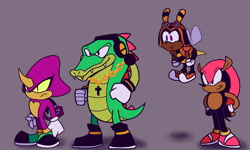 Size: 1600x960 | Tagged: safe, artist:skeletonpendeja, charmy bee, espio the chameleon, mighty the armadillo, vector the crocodile, crucifix, flying, frown, group, looking ahead, necklace, shadow (lighting), smile, standing, team chaotix, yellow sclera