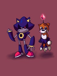 Size: 960x1280 | Tagged: safe, artist:skeletonpendeja, metal sonic, tails doll, black sclera, duo, ear piercing, earring, flying, looking ahead, red background, robot, shadow (lighting), simple background, standing