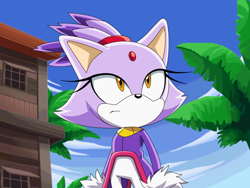 Size: 1000x750 | Tagged: safe, artist:y-firestar, blaze the cat, sonic the hedgehog (2006), clouds, daytime, fake screenshot, frown, house, looking up, outdoors, solo, sonic x style, tree