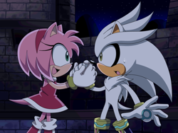 Size: 1000x750 | Tagged: safe, artist:y-firestar, amy rose, silver the hedgehog, sonic the hedgehog (2006), abstract background, duo, fake screenshot, holding hands, looking at each other, mouth open, nighttime, outdoors, smile, sonic x style, standing, surprised