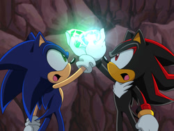 Size: 1000x750 | Tagged: safe, artist:y-firestar, shadow the hedgehog, sonic the hedgehog, sonic the hedgehog (2006), abstract background, chaos emerald, duo, fake screenshot, holding something, looking at something, mouth open, redraw, sonic x style, standing