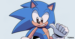 Size: 1139x601 | Tagged: safe, artist:son1c, sonic the hedgehog, clenched teeth, grey background, looking down, male, simple background, smile, solo, thumbs up, top surgery scars, trans male, transgender