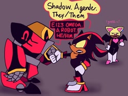 Size: 1280x960 | Tagged: safe, artist:skeletonpendeja, e-123 omega, rouge the bat, shadow the hedgehog, agender, english text, holding something, lipstick, looking at each other, phone, pronouns, shaking hands, speech bubble, standing, team dark, trio, yellow sclera