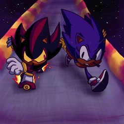 Size: 960x960 | Tagged: safe, artist:skeletonpendeja, shadow the hedgehog, sonic the hedgehog, sonic adventure 2, abstract background, agender, clenched teeth, duo, eyelashes, frown, looking at each other, male, running, skating, star (sky), yellow gloves, yellow sclera