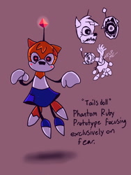 Size: 960x1280 | Tagged: safe, artist:skeletonpendeja, tails doll, character name, dialogue, english text, shadow (lighting), simple background, solo