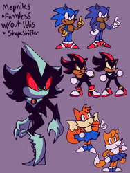 Size: 960x1280 | Tagged: safe, artist:skeletonpendeja, mephiles the dark, miles "tails" prower, shadow the hedgehog, sonic the hedgehog, agender, blue shoes, english text, frown, group, red sclera, simple background, skirt, smile, standing, trans female, transgender, yellow gloves, yellow sclera