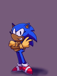 Size: 960x1280 | Tagged: safe, artist:skeletonpendeja, sonic the hedgehog, backwards v sign, eyelashes, looking at viewer, male, purple background, shadow (lighting), simple background, smile, solo, standing, yellow gloves