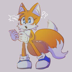 Size: 1874x1869 | Tagged: safe, artist:kai-sh1, miles "tails" prower, blue shoes, blushing, exclamation mark, eyelashes, grey background, looking offscreen, mouth open, one fang, simple background, solo, standing, surprised