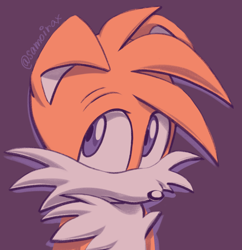 Size: 1244x1286 | Tagged: safe, artist:samoirax, miles "tails" prower, floppy ears, frown, looking back, purple background, signature, simple background, solo