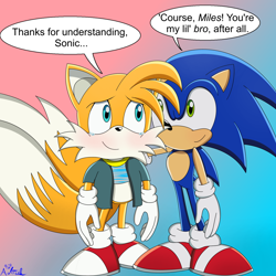 Size: 1500x1500 | Tagged: safe, artist:andtails1, miles "tails" prower, sonic the hedgehog, 2023, binder, blushing, commission, dialogue, duo, english text, gradient background, jacket, signature, smile, sonic x style, speech bubble, standing, trans male, transgender, wholesome