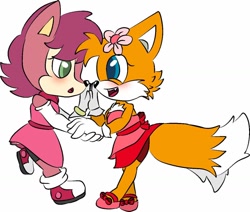 Size: 1024x870 | Tagged: safe, artist:samthepinkchipmunk, miles "tails" prower, oc, oc:sam the chipmunk, chipmunk, fox, :o, blushing, canon x oc, cute, dress, duo, duo female, female, females only, flower, holding hands, lesbian, looking at each other, mouth open, shipping, simple background, smile, standing, trans female, transgender, white background