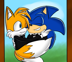 Size: 1246x1084 | Tagged: safe, artist:blazedoughnut, miles "tails" prower, sonic the hedgehog, 2012, abstract background, alternate version, commission, duo, eyes closed, gay, holding each other, shipping, signature, smile, sonic x tails, uekawa style, wedding, wedding suit, wink