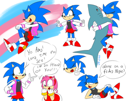 Size: 1500x1200 | Tagged: safe, artist:real_duck_bacon, amy rose, sonic the hedgehog, hedgehog, alone on a friday night, duo, duo female, english text, female, hugging, jacket, meme, mouth open, shark, shirt, shorts, simple background, skirt, smile, standing, stuffed animal, trans female, transgender, v sign, white background
