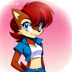 Size: 512x512 | Tagged: safe, ai art, artist:mobians.ai, sally acorn, abstract background, crop top, female, hand on hip, jacket, looking at viewer, prompter:taeko, shorts, smile, solo, standing