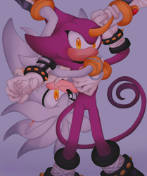 Size: 3206x3831 | Tagged: safe, artist:cutecryingboy, espio the chameleon, silver the hedgehog, 2023, blushing, duo, frown, gay, hugging, hugging from behind, shipping, silvio, simple background, smile, standing, surprise hug, upside down