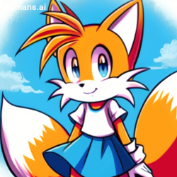 Size: 2048x2048 | Tagged: safe, ai art, artist:mobians.ai, miles "tails" prower, abstract background, clouds, daytime, female, looking at viewer, outdoors, prompter:taeko, shirt, skirt, smile, solo, standing, trans female, transgender