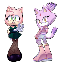 Size: 2000x2080 | Tagged: safe, artist:cuteytcat, amy rose, blaze the cat, cat, hedgehog, 2018, amy x blaze, cute, female, females only, lesbian, looking at viewer, looking back at viewer, shipping