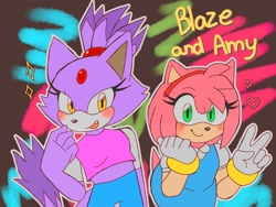 Size: 2000x1500 | Tagged: safe, artist:daisiearecool, amy rose, blaze the cat, cat, hedgehog, 2022, amy x blaze, blushing, cute, female, females only, hearts, lesbian, looking at viewer, peace sign, shipping, sparkles