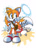 Size: 640x900 | Tagged: safe, artist:darknoiseuk, miles "tails" prower, fox, abstract background, cogwheel, hand on hip, holding something, looking offscreen, male, mouth open, open smile, smile, solo