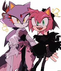 Size: 1764x2048 | Tagged: safe, artist:m3ri2310, amy rose, blaze the cat, cat, hedgehog, 2023, amy x blaze, cute, female, females only, halloween, halloween outfit, lesbian, looking at viewer, mouth open, shipping