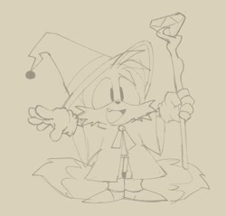 Size: 985x942 | Tagged: safe, artist:rahksart, miles "tails" prower, 2023, chaos emerald, clothes, cute, halloween, halloween outfit, holding something, line art, mage, mage outfit, mouth open, one fang, smile, solo, standing, tailabetes