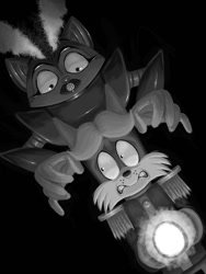 Size: 768x1024 | Tagged: safe, artist:lazarus171, antoine d'coolette, black background, flashlight, greyscale, halloween, looking back, robecca, scared