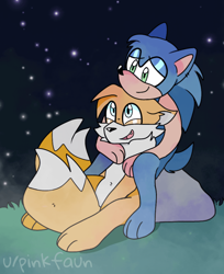 Size: 640x785 | Tagged: safe, artist:pinkfaun, miles "tails" prower, sonic the hedgehog, abstract background, cute, duo, floppy ears, gay, grass, hugging from behind, nighttime, outdoors, rock, shipping, signature, smile, sonic x tails, star (sky)