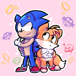 Size: 2048x2048 | Tagged: safe, artist:5ilent5science, knuckles the echidna, miles "tails" prower, sonic the hedgehog, 2023, :o, cute, duo, looking at each other, mouth open, outline, pink background, ring, robotnik's logo, simple background, smile, sonabetes, standing, tailabetes