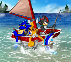 Size: 1404x1212 | Tagged: safe, artist:lord-kiyo, miles "tails" prower, shadow the hedgehog, sonic the hedgehog, boat, fishing, fishing net, net