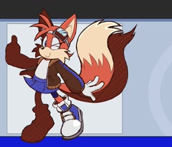 Size: 1719x1480 | Tagged: safe, artist:kobatuwu, miles "tails" prower, 2023, abstract background, aviator jacket, blue shoes, goggles on head, looking at viewer, orange fur, riders style, skirt, smile, solo, sonic riders, standing, thumbs up, trans female, transgender, wink