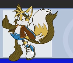 Size: 1719x1480 | Tagged: safe, artist:kobatuwu, miles "tails" prower, 2023, abstract background, alternate version, aviator jacket, blue shoes, goggles on head, looking at viewer, riders style, skirt, smile, solo, sonic riders, standing, thumbs up, trans female, transgender, wink, yellow fur