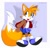 Size: 590x565 | Tagged: safe, artist:kobatuwu, miles "tails" prower, 2023, abstract background, aviator jacket, blue shoes, border, looking up, shorts, signature, skirt, smile, solo, sprite, standing, trans female, transgender