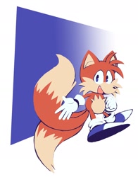 Size: 1396x1778 | Tagged: safe, artist:kobatuwu, miles "tails" prower, 2023, abstract background, blue shoes, classic tails, looking at viewer, mouth open, smile, solo