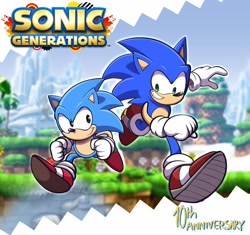 Size: 2048x1925 | Tagged: safe, artist:kobatuwu, sonic the hedgehog, green hill zone, 10th anniversary, 2021, abstract background, anniversary, classic sonic, duo, english text, logo, looking at each other, modern sonic, outline, redraw, running, self paradox, smile, sonic generations