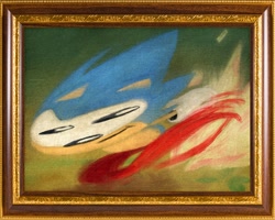 Size: 1347x1080 | Tagged: safe, sonic twitter, sonic the hedgehog, sonic mania adventures, classic sonic, faic, majestic as fuck, painting, picture frame, redraw, smear frame, solo