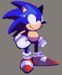 Size: 1707x2048 | Tagged: safe, artist:kobatuwu, sonic the hedgehog, 2023, clenched fists, grey background, looking ahead, pixel art, simple background, smile, solo, sprite, standing