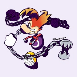 Size: 1000x1000 | Tagged: safe, artist:ptonipr, 2022, barely sonic related, chain, holding something, lockjaw, purple background, rayman, riders style, signature, simple background, unknown species
