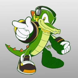 Size: 2000x2000 | Tagged: safe, artist:riotaiprower, vector the crocodile, 2023, gradient background, looking at viewer, pointing, riders style, signature, smile, solo