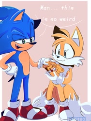 Size: 1536x2048 | Tagged: safe, artist:muggsy_shipper, miles "tails" prower, sonic the hedgehog, oc, hedgehog, 2023, ambiguous gender, baby, border, carrying them, dialogue, english text, family, fankid, father and child, gay, holding them, magical gay spawn, pacifier, parent:sonic, parent:tails, parents:sontails, pink background, shipping, simple background, sleeping, smile, sonic x tails, standing, sweatdrop, trio, unnamed oc