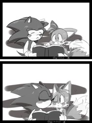 Size: 736x981 | Tagged: safe, artist:giaoux, miles "tails" prower, sonic the hedgehog, :<, abstract background, blushing, book, comic, cute, eyes closed, gay, greyscale, holding something, kiss on cheek, one eye closed, panels, reading, shipping, signature, sonabetes, sonic x tails, tailabetes