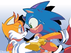 Size: 1600x1200 | Tagged: safe, artist:muggsy_shipper, miles "tails" prower, sonic the hedgehog, blushing, carrying them, duo, eye clipping through hair, frown, gay, gradient background, holding something, looking at each other, miles electric, shipping, signature, smile, sonic x tails, sweatdrop
