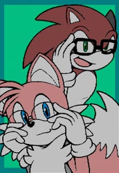 Size: 704x1024 | Tagged: safe, artist:hoshi_kurakura, miles "tails" prower, sonic the hedgehog, 2023, border, duo, gay, glasses, green background, looking at viewer, shipping, simple background, smile, sonic x tails